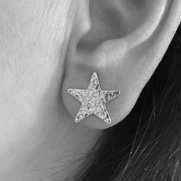 Sterling Silver Star Ear Stud Earrings 15mm - Hammered-Sparkly - Handmade 