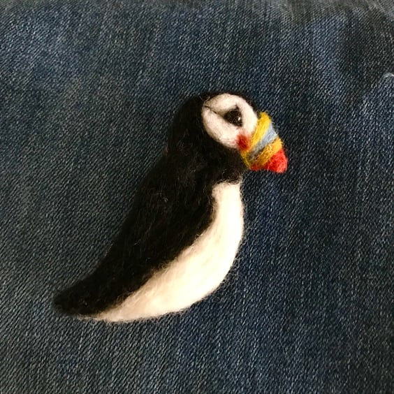 Puffin brooch needle felted wearable art