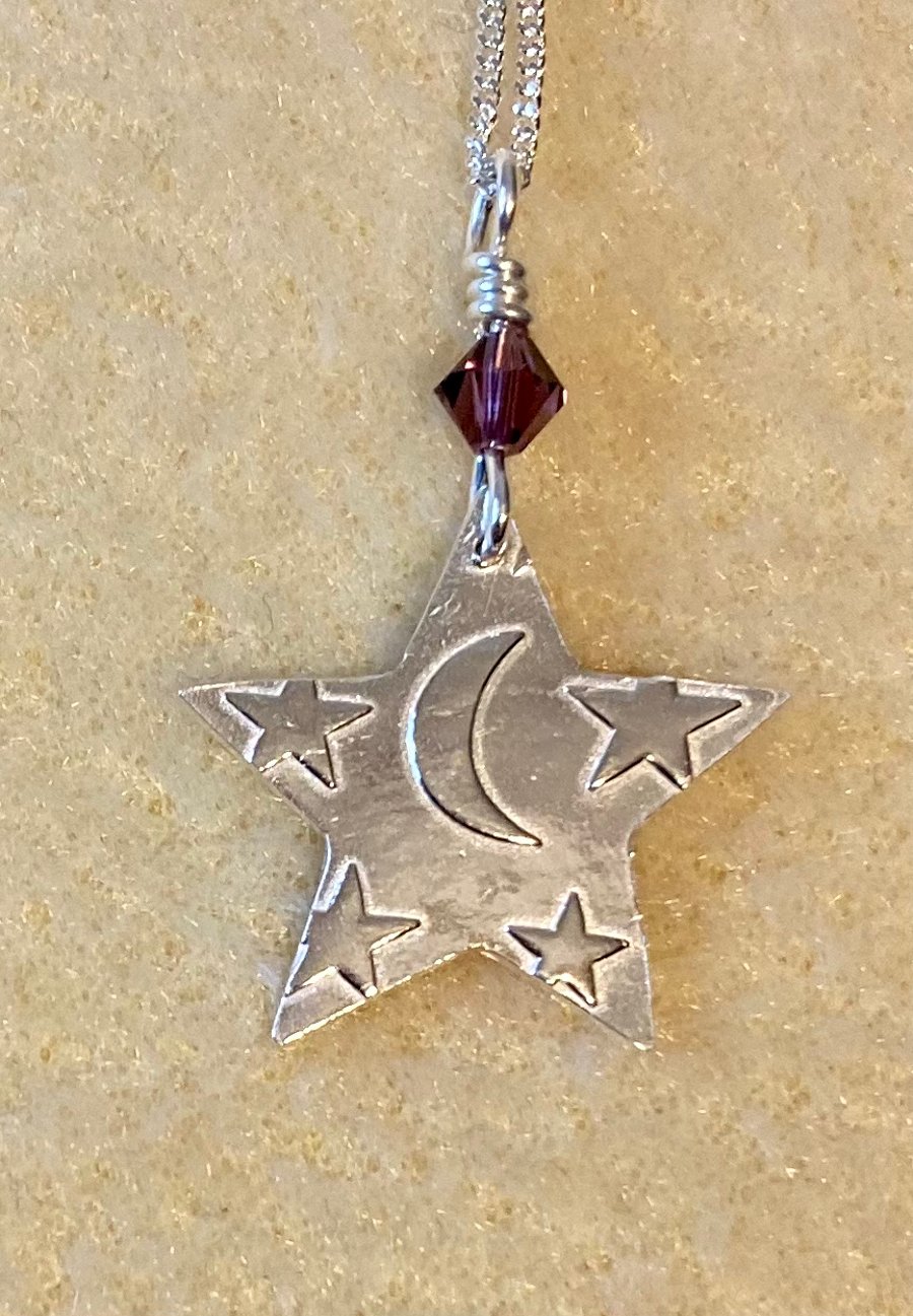 Star necklace with moon and stars pattern & purple Swarovski crystal 