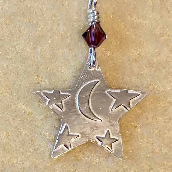Star necklace with moon and stars pattern & purple Swarovski crystal 