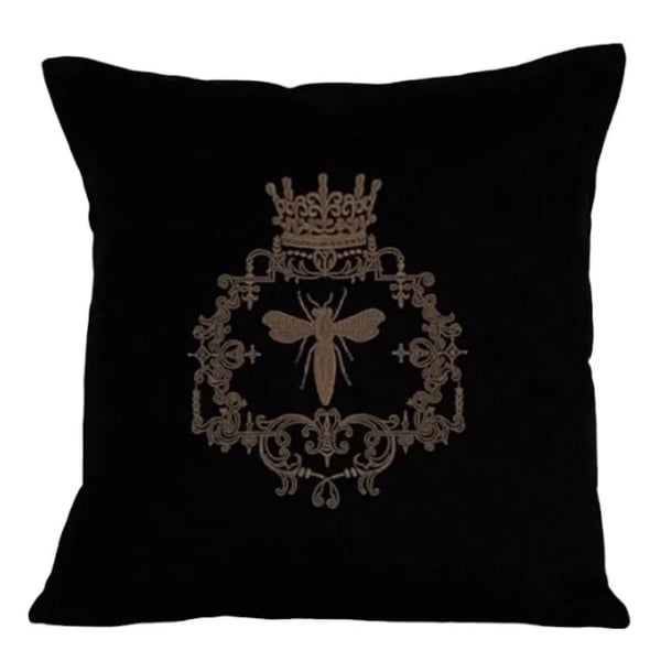 Rose Gold Queen Bee Embroidered Cushion Cover, BLACK 