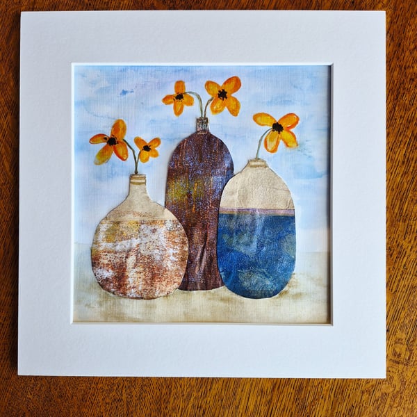 "3 vases" an original mixed media painting 