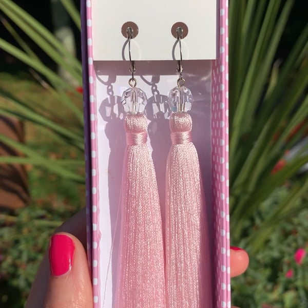 Rose tassel earrings with Swarovski crystals. Drop stylish handmade earrings
