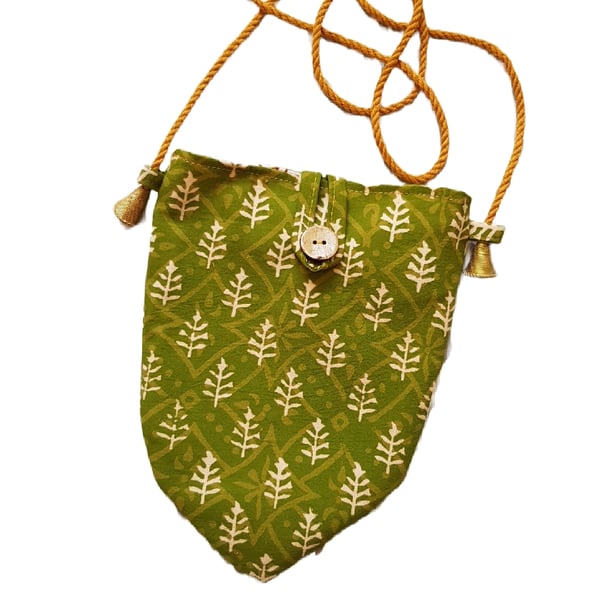 Indan block print crossbody bag: green leaf with ochre strap