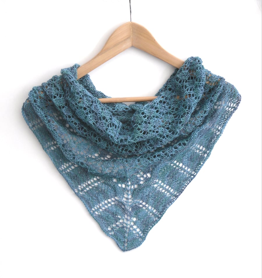 Blue lace shawl - hand knit light weight wrap 