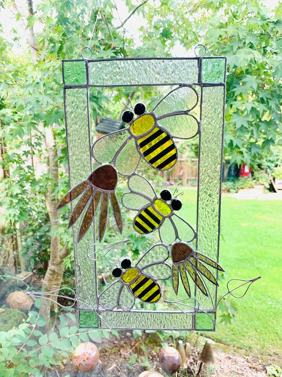 Stained Glass Bee and Flower Suncatcher Panel - Handmade Window Decoration 