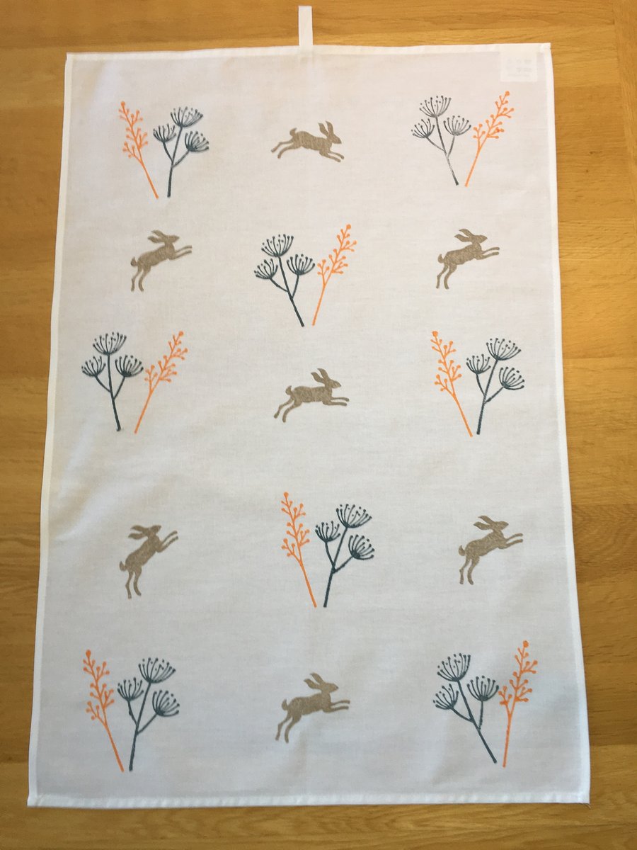 Hand Block Printed Tea Towel - Hares and Botanicals