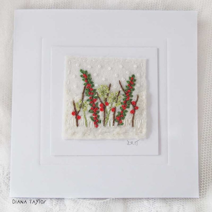 HAND EMBROIDERED CARD CHRISTMAS WINTER FOLIAGE