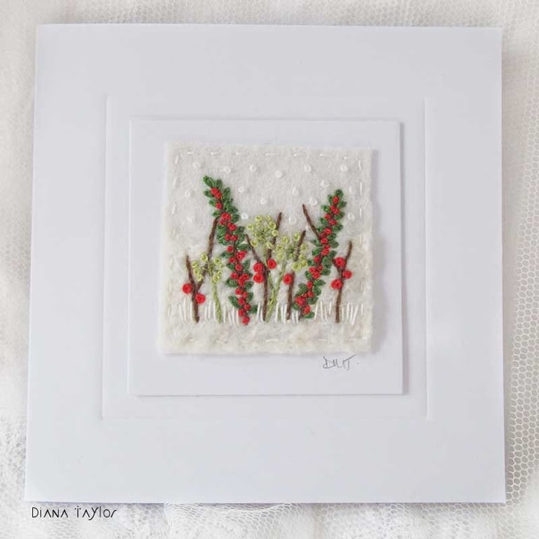 HAND EMBROIDERED CARD CHRISTMAS WINTER FOLIAGE