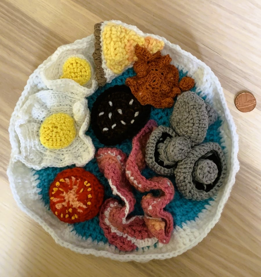 Crochet Full English Fried Breakfast Textile Art 3D Wool Food Tomato Egg Bacon