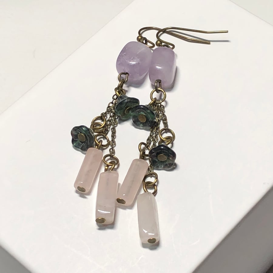 Amethyst and Roze Quartz flower earrings