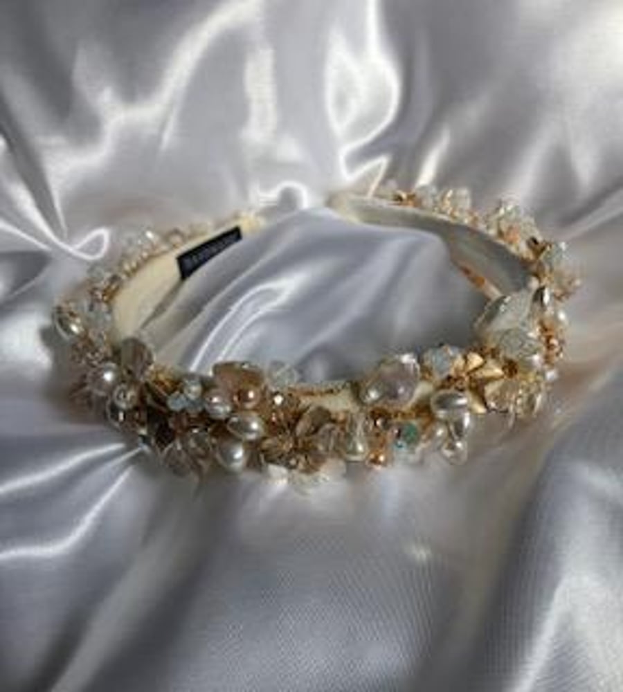 Anne - Ivory Jewelled Headband - Freshwater Pearl & Crystal Goldtone Flower O