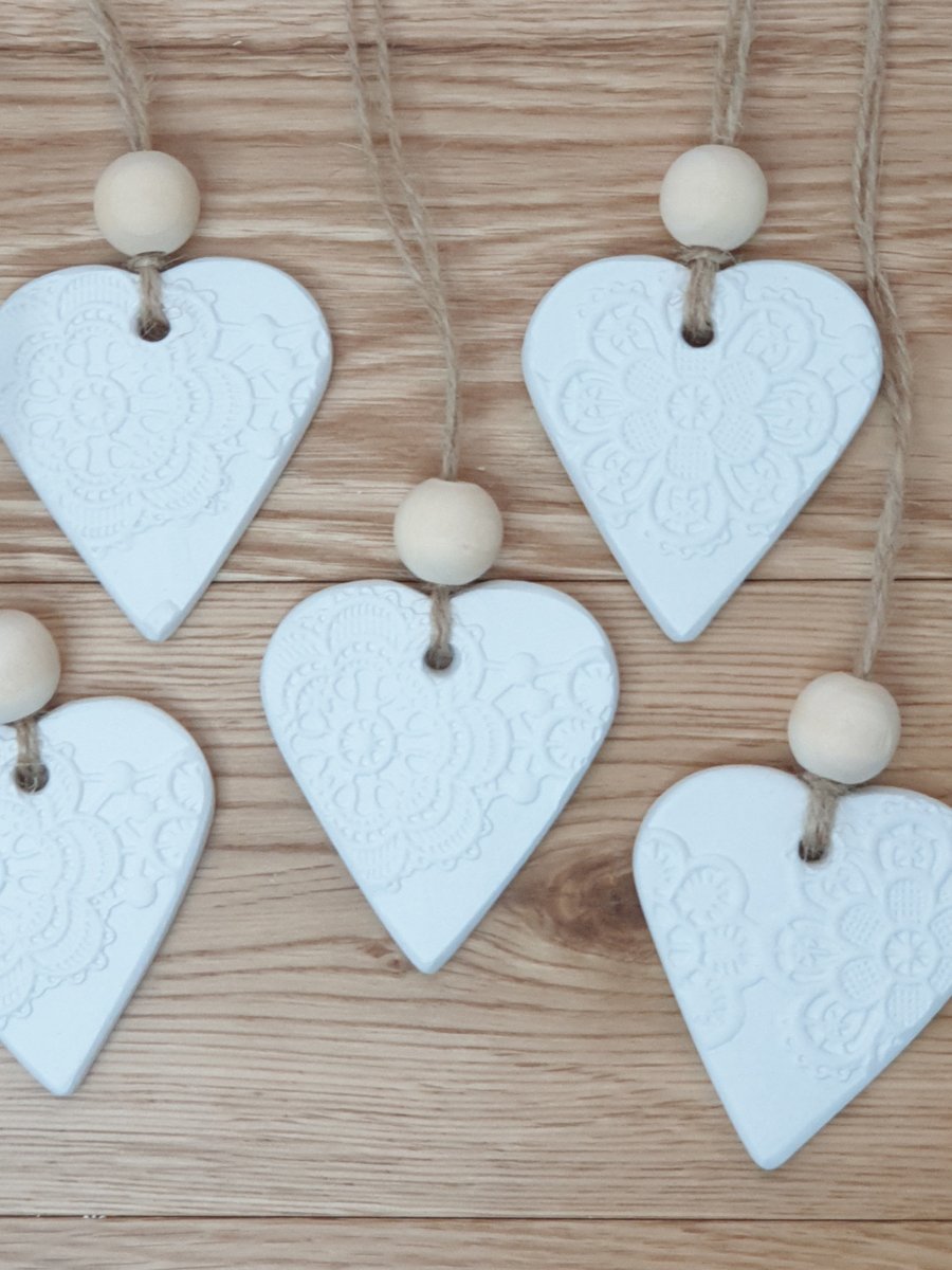 White clay heart gift tags, wedding favours, embossed small heart decorations 