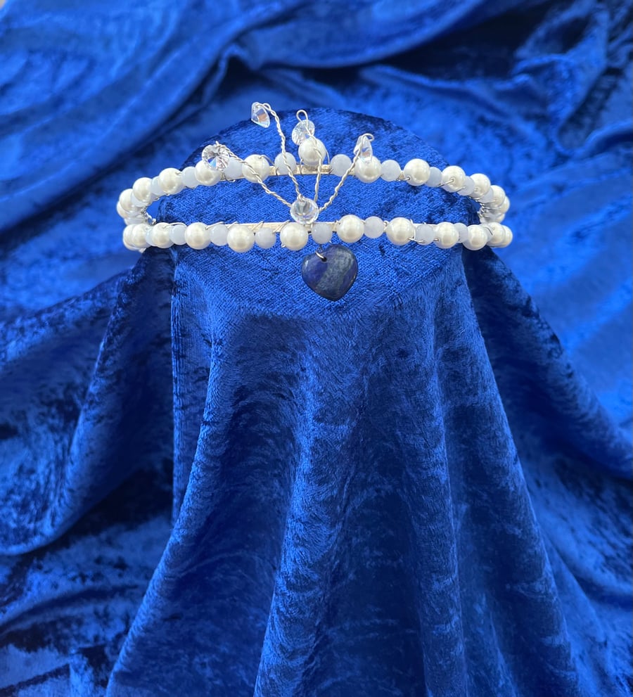 Wedding prom tiara Fresh water pearls, blue agate, blue tigers eye heart. 