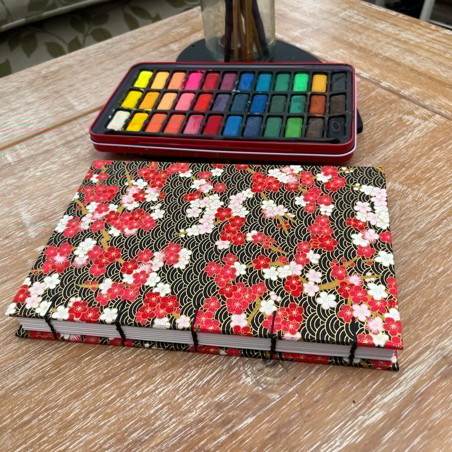 A5 Mixed Media Sketchbook Japanese Chiyogami Cover Black Cherry Blossom 