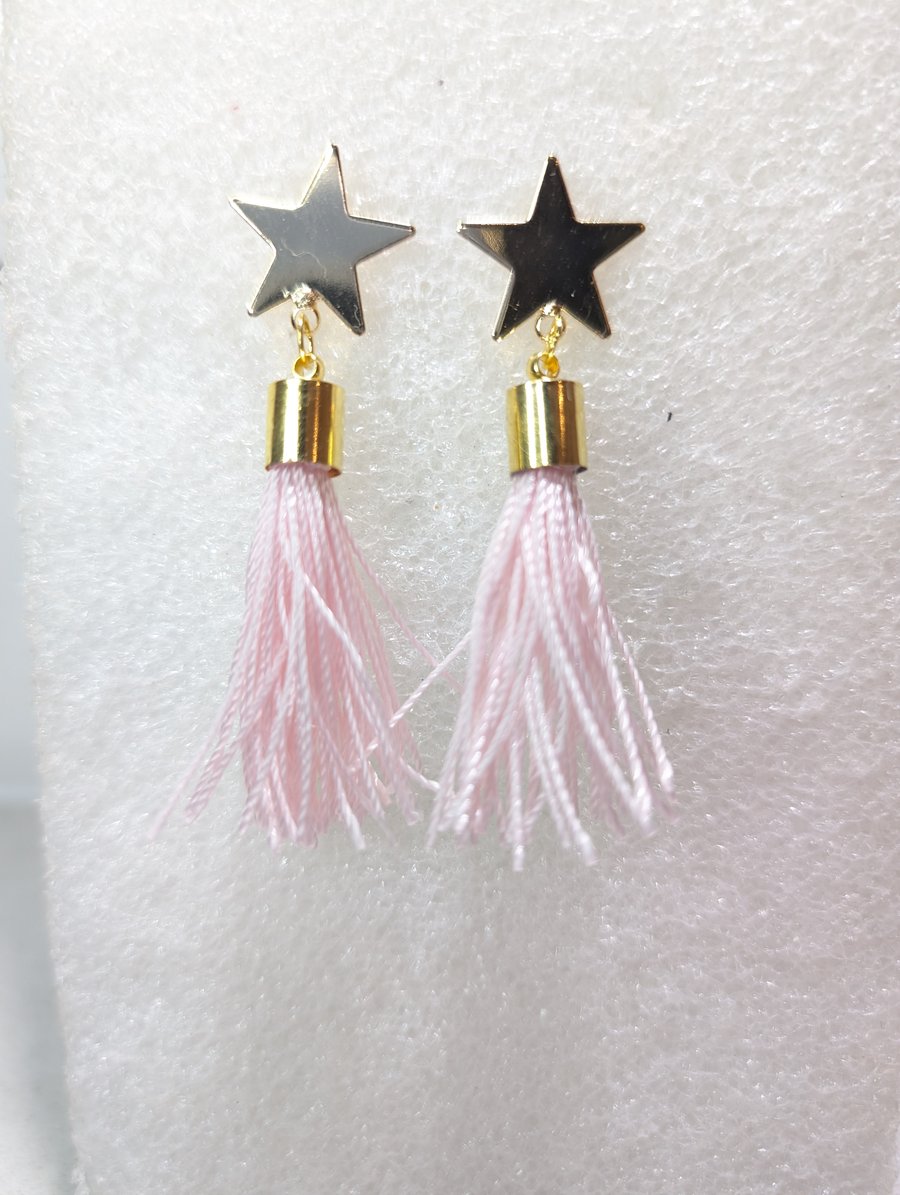 Upcyle thread. Star pink tassles earrings 