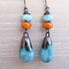 Ceramic Earrings, Bronze Droplet Earrings, Blue Earrings, Orange Earrings.