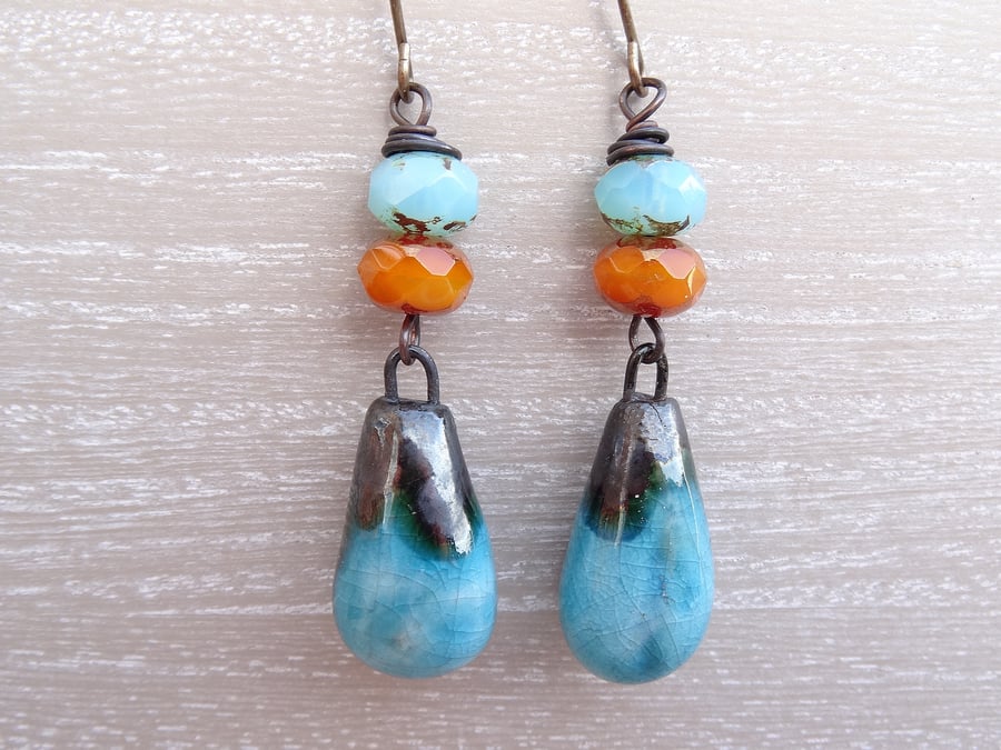 Ceramic Earrings, Bronze Droplet Earrings, Blue Earrings, Orange Earrings.