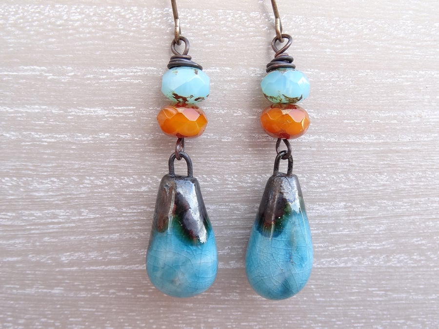 Ceramic Earrings, Bronze Droplet Earrings, Blue Earrings, Orange Earrings.