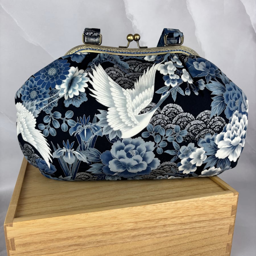 Handmade Japanese cranes large shoulder bag with 4 pockets
