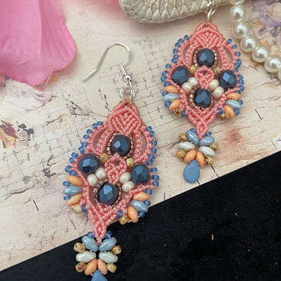 Earrings, dangle beaded delicate macrame earrings, boho chic earrings
