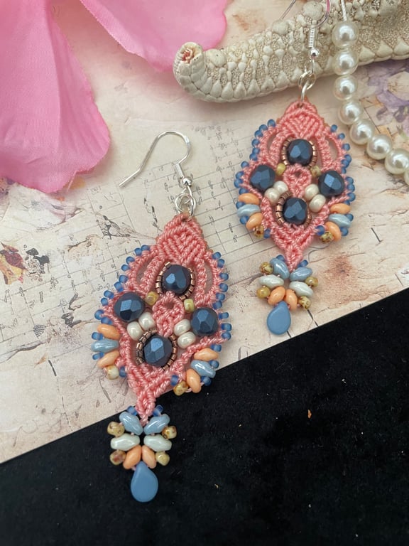 Earrings, dangle beaded delicate macrame earrings, boho chic earrings