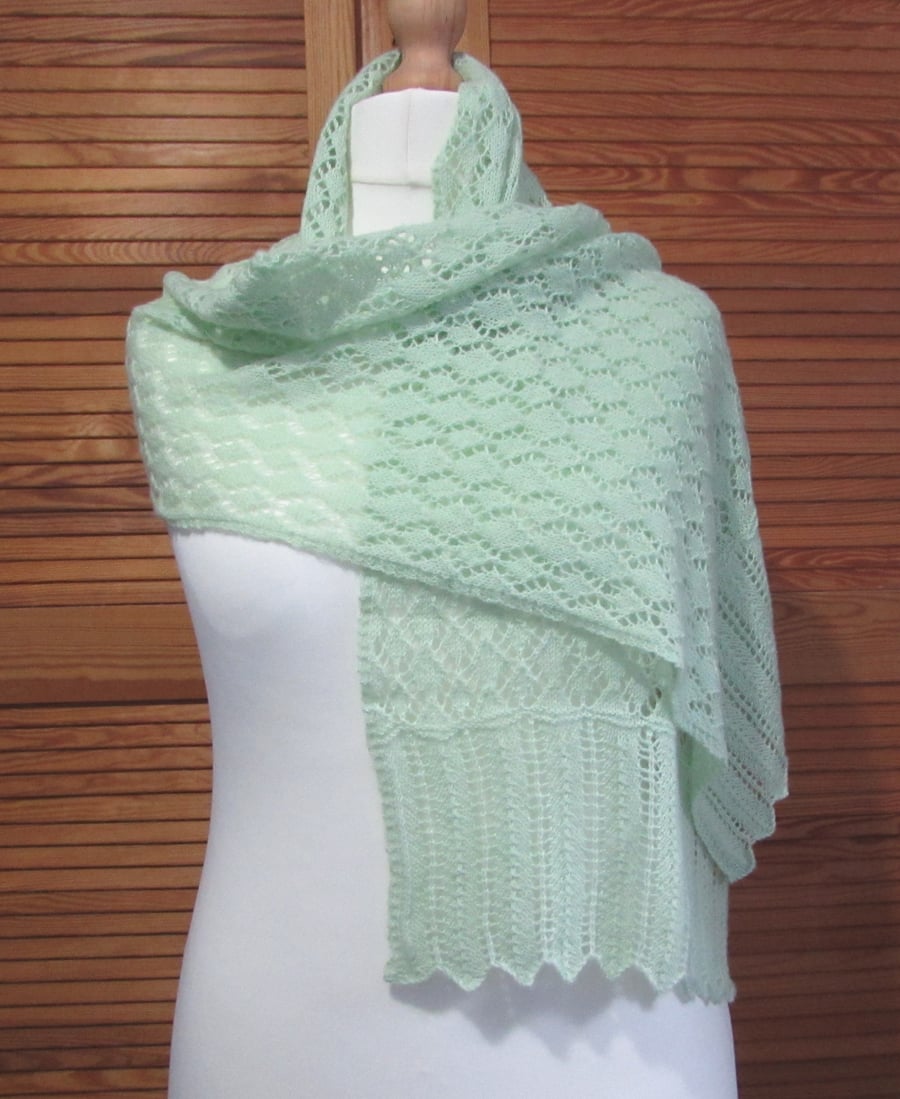 Hand knitted pale green diamond lace scarf in 2ply fine merino yarn 14" x 66"