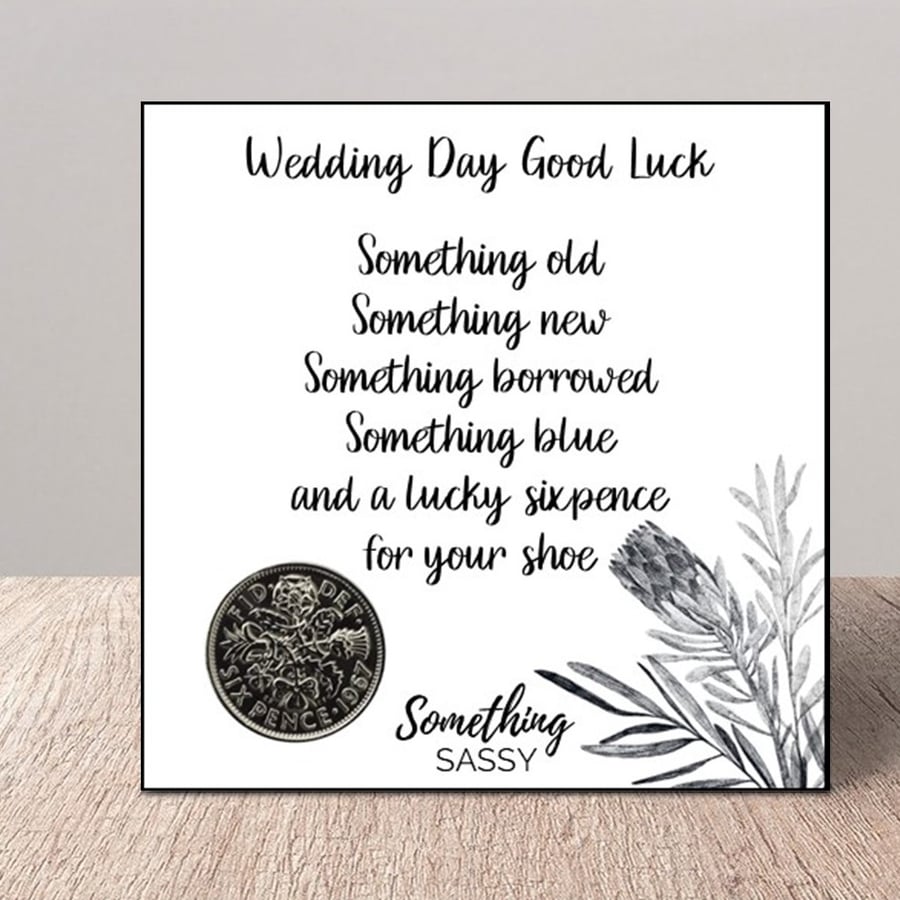 Lucky Sixpence Wedding Day Flat Card with Envelope can be personalised.