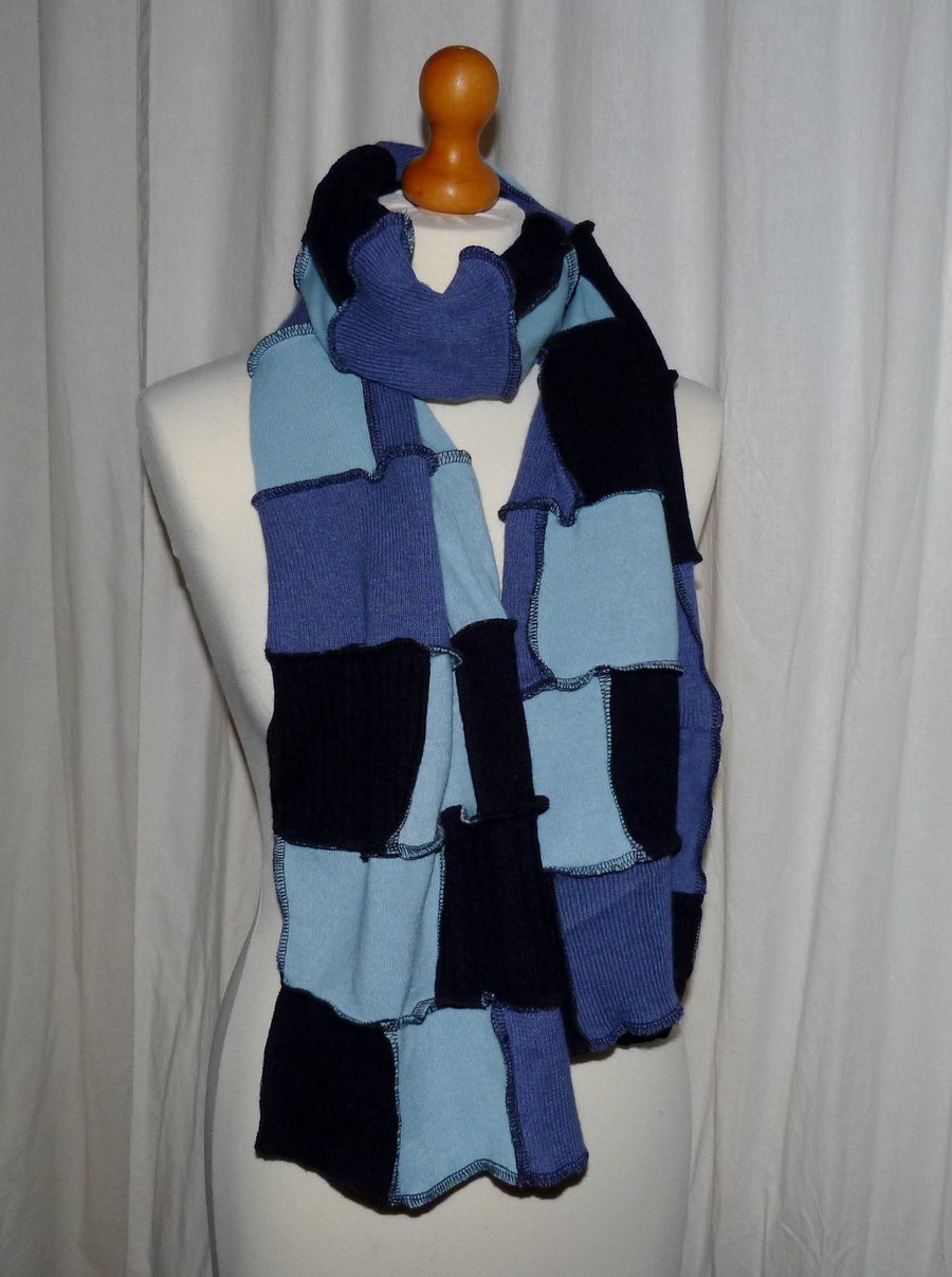 Upcycled Patchwork Wool Cotton and Angora Long Scarf in Blues.