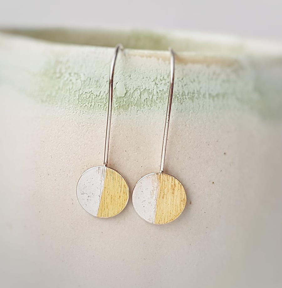  Silver and 24ct Gold round Drop Earrings with nature inspired texture 