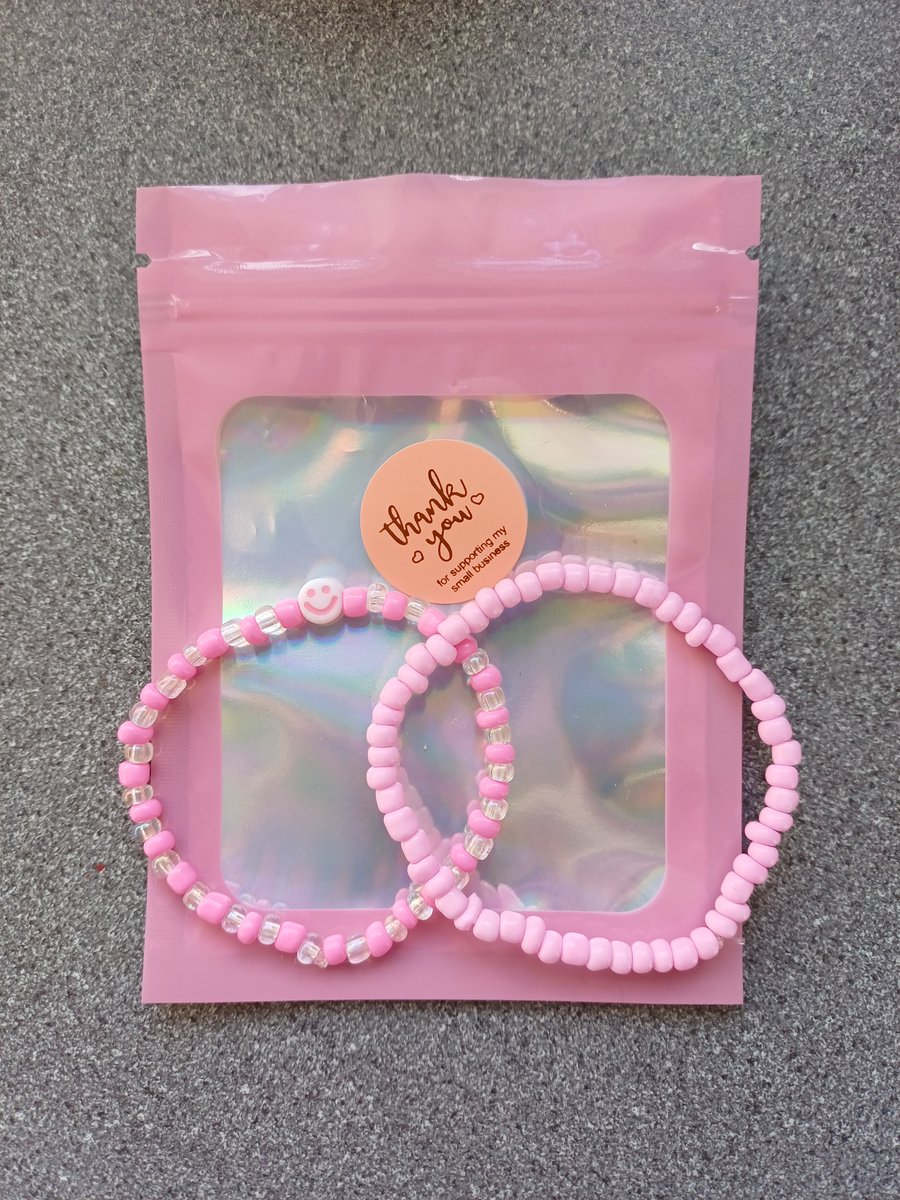 2 Pink and White Smiley Face Seed Beaded Bracelet, Matching Bracelet Set