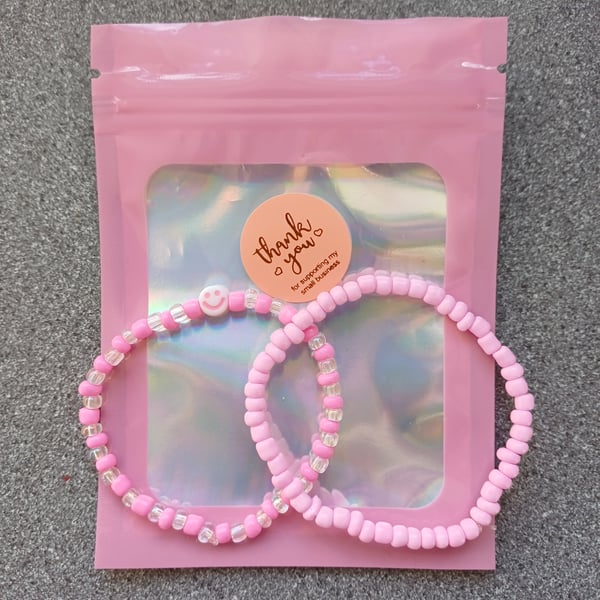 2 Pink and White Smiley Face Seed Beaded Bracelet, Matching Bracelet Set