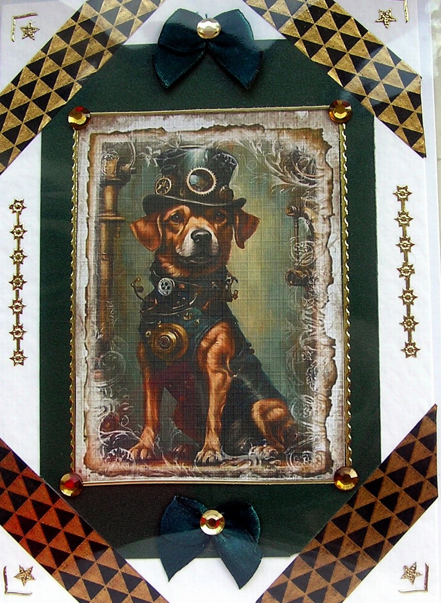 Steampunk Dog - Hand Crafted Decoupage Greeting Card - Blank (2923)