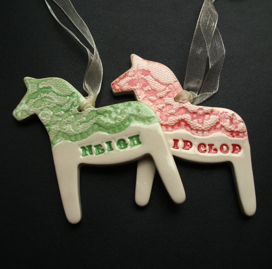 SALE Set of  two ceramic horse decorations lace pony