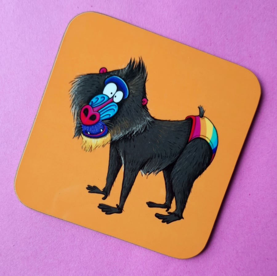 Mandrill monkey "rainbow bum" illustrated coaster