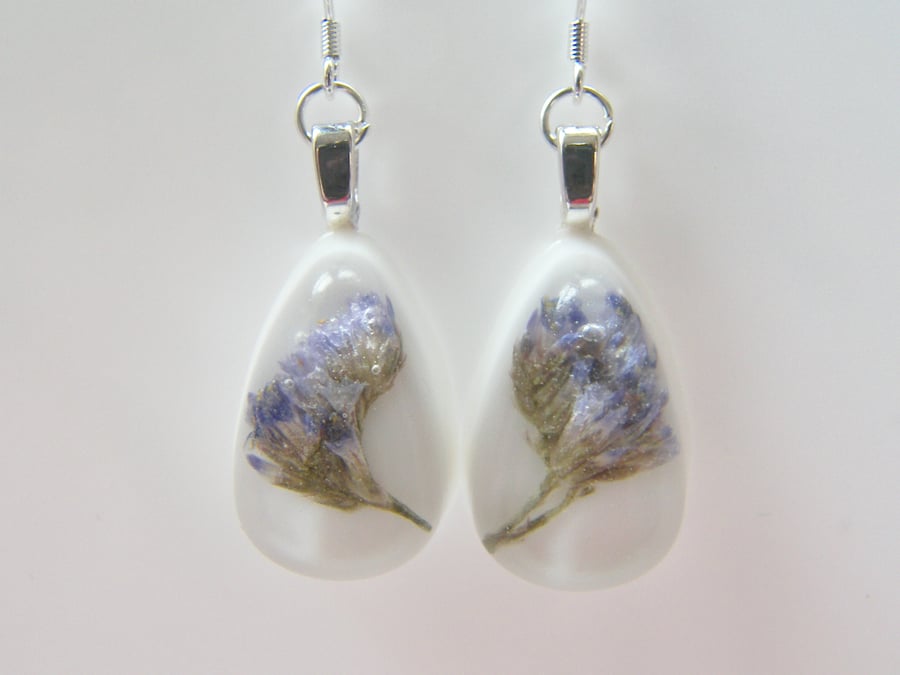 Real Sea Lavender Earrings in White Resin
