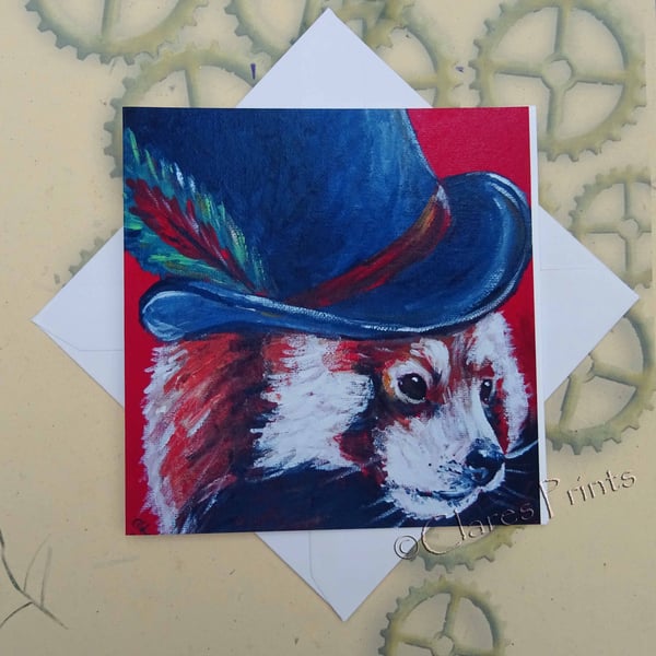 Steampunk Red Panda Art Greeting Card From my Original Painting