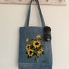 Sunflowers rescued tapestry small tote with reclaimed denim