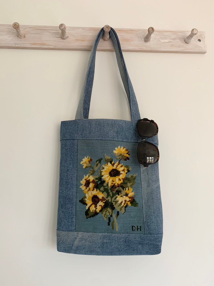 Sunflowers rescued tapestry small tote with reclaimed denim