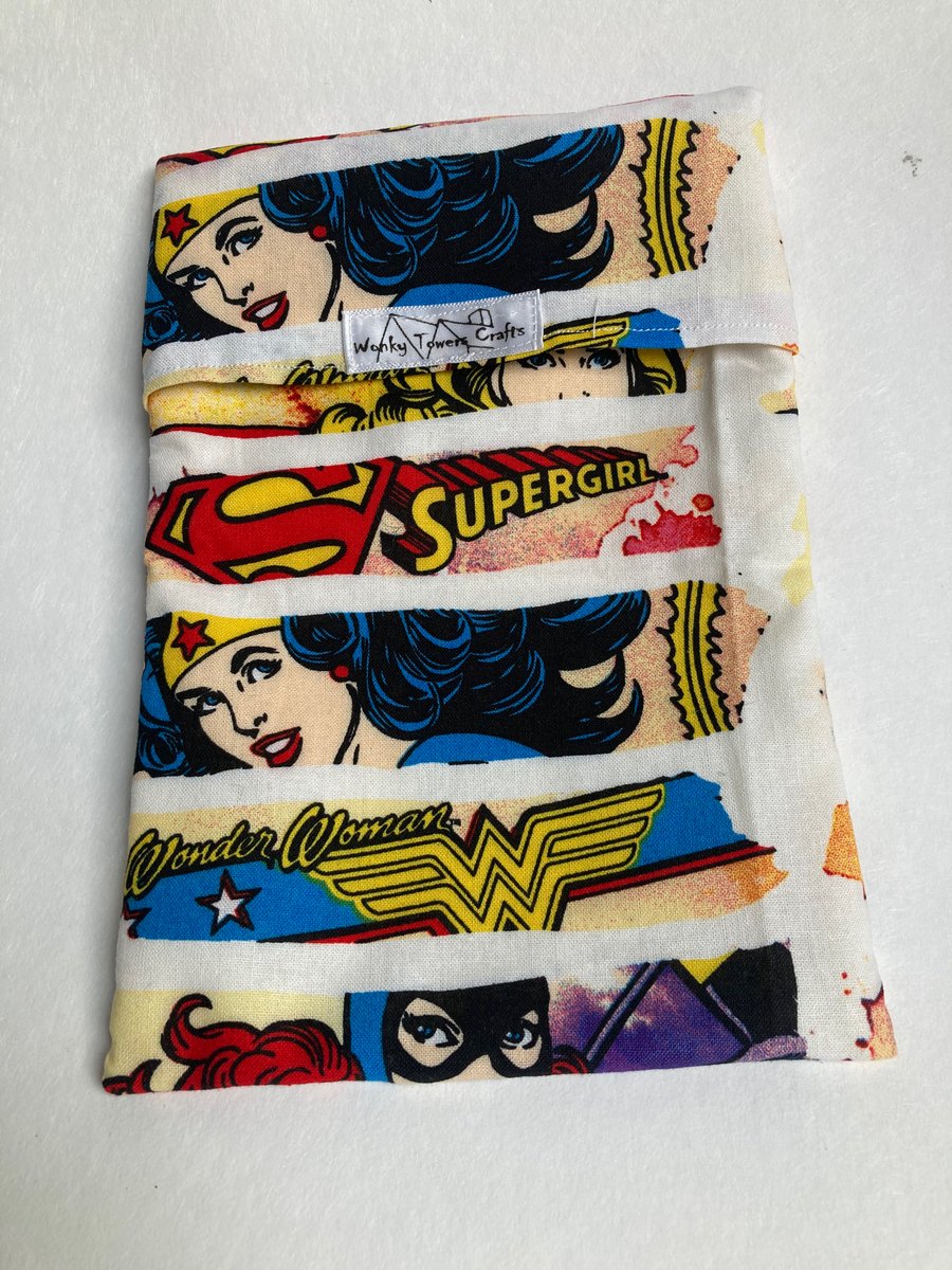 Reusable sandwich bag in superhero fabric with PUL lining.