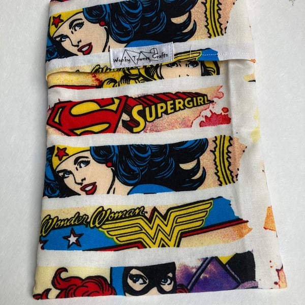 Reusable sandwich bag in superhero fabric with PUL lining.