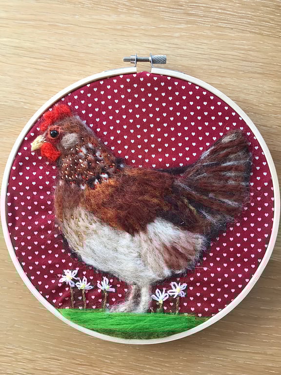 Needle felted hen textile art hoop 