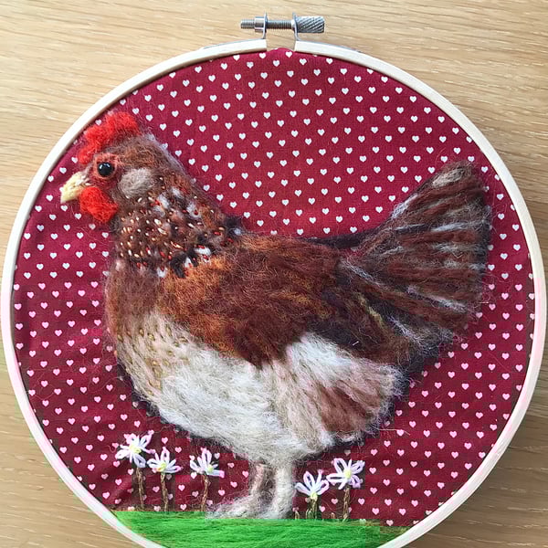 Needle felted hen textile art hoop 