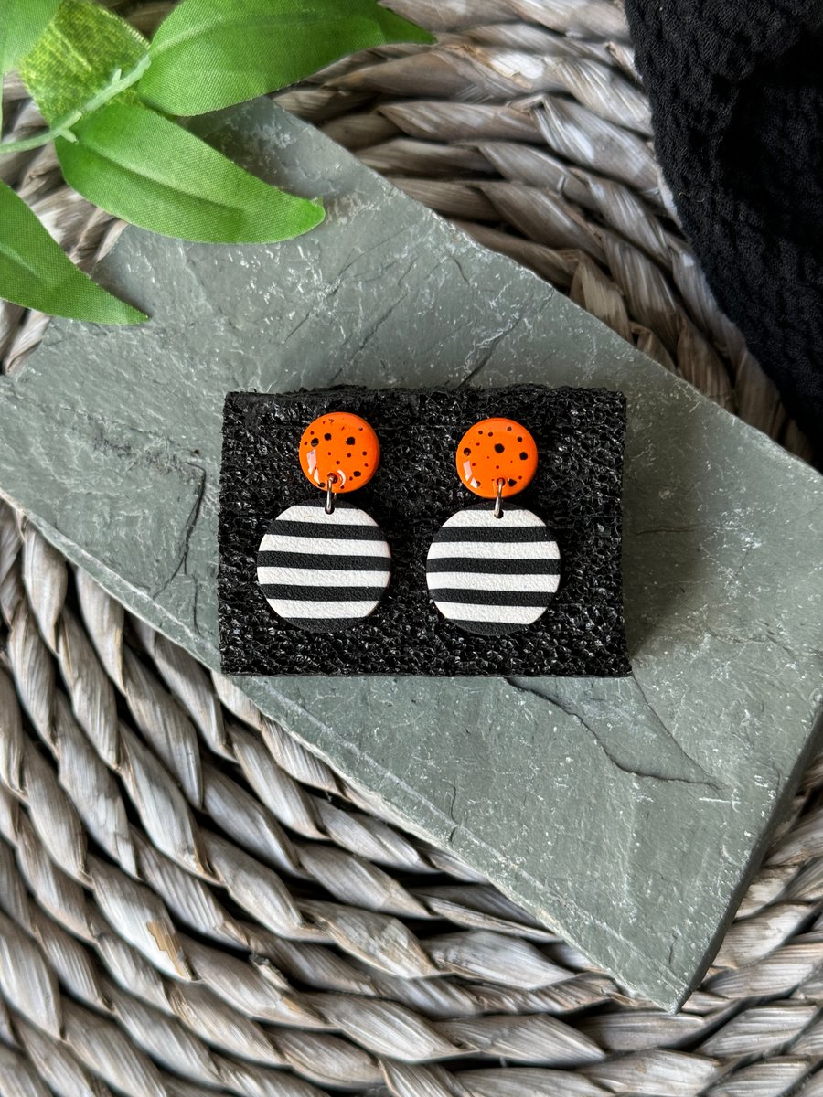 Orange and Black n White Stripe Double Circle Earrings