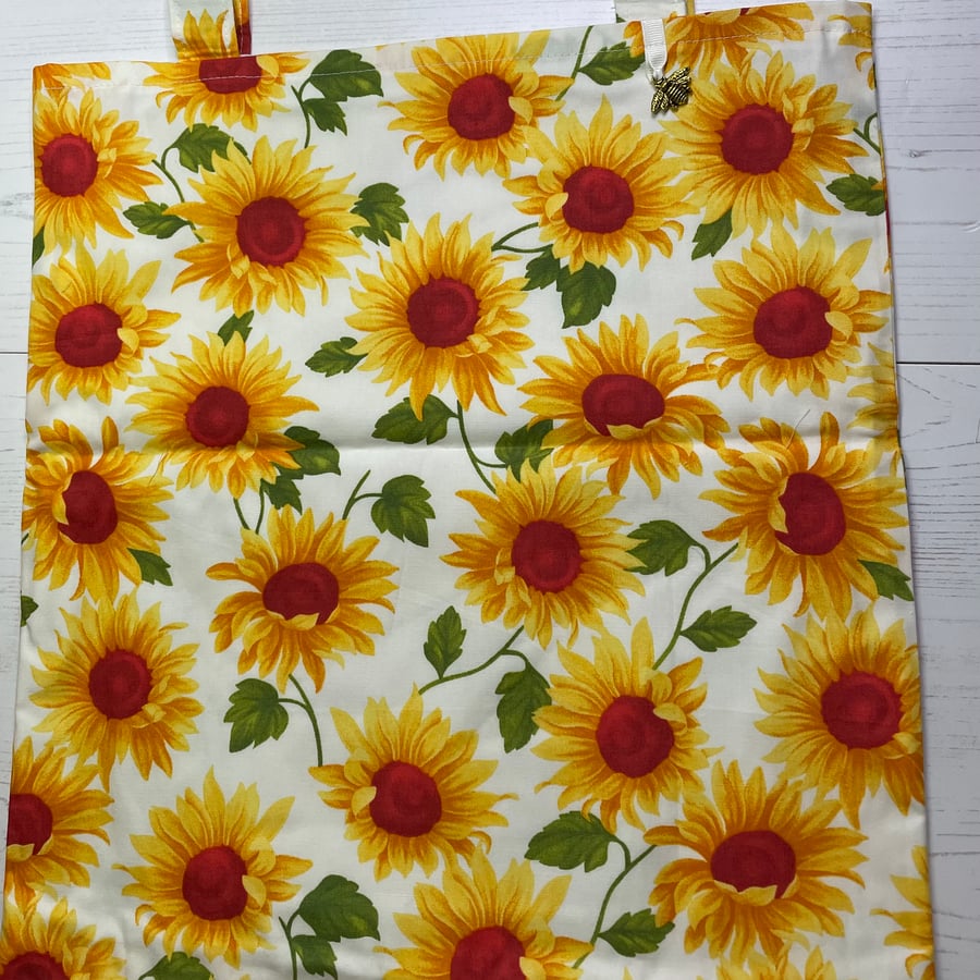 White Cotton Printed with Happy Sunflowers Tote Bag