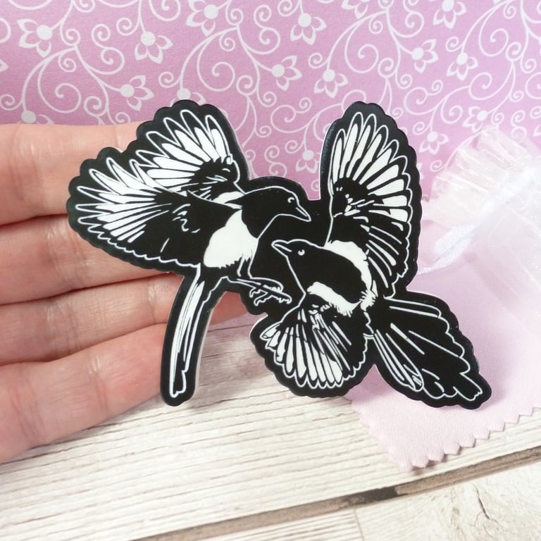 Magpie brooch, two for joy magpie brooch, large pin badge for bird lovers