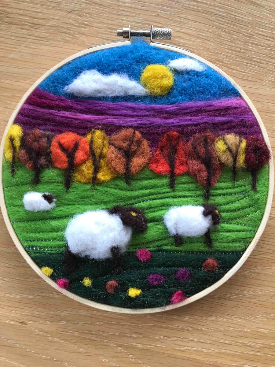 Sheep in landscape needle felted picture 