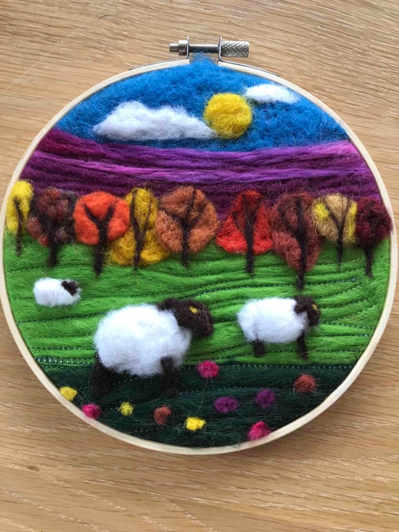Sheep in landscape needle felted picture 
