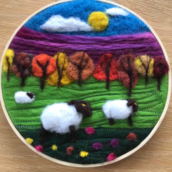 Sheep in landscape needle felted picture 