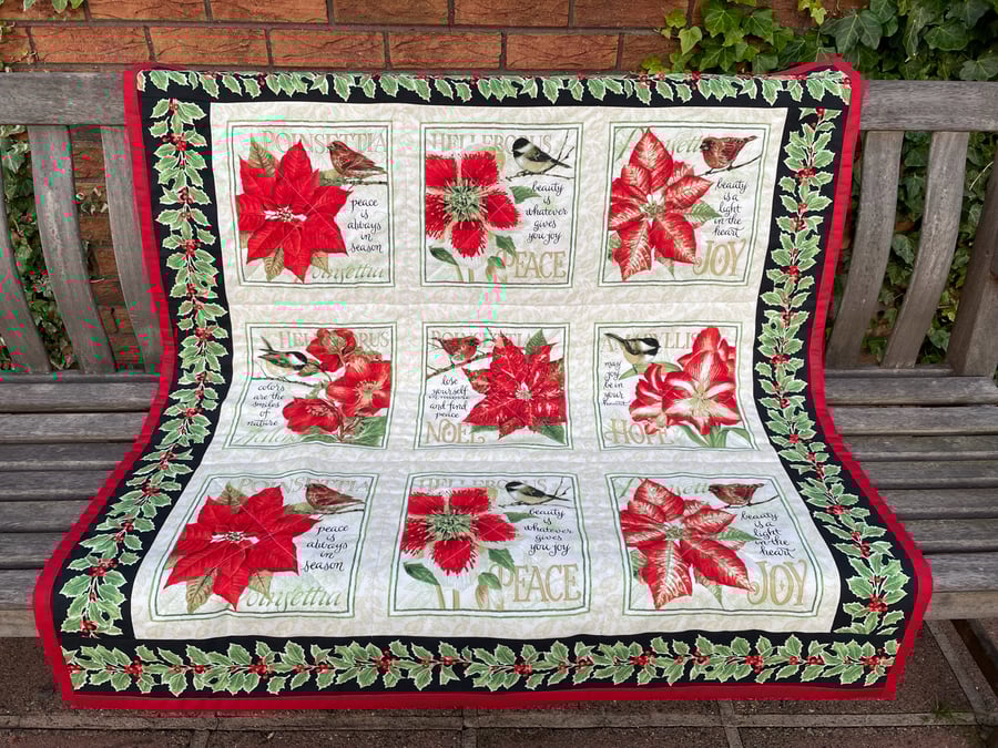 Handmade Christmas Quilt or Throw with Poinsettias and Birds